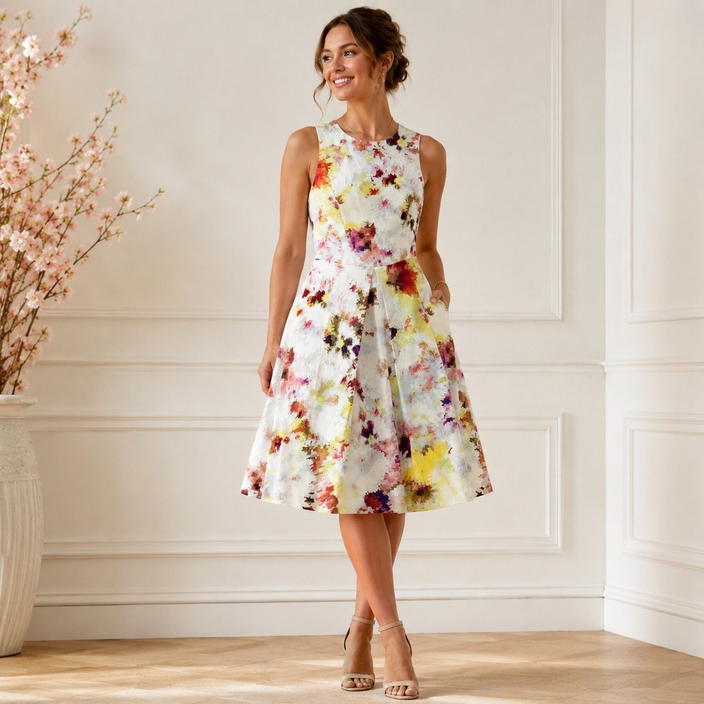 Hunter Bell Fit & Flare Dress 2 Multicolor Womens Pixelated Floral Party - Picture 2 of 6